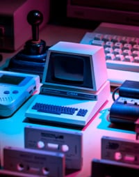 retro PC surrounded by cassettes, keyboards and other retro items